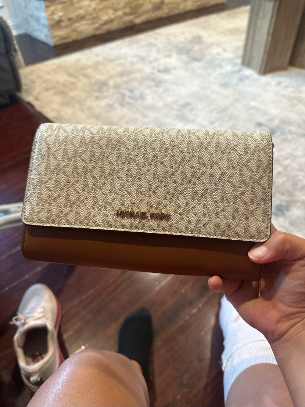 Michael Kors Beige Logo Canvas and Brown Leather Wallet